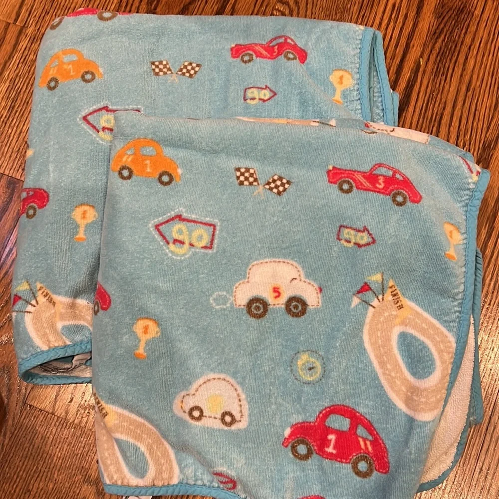 Kassatex boys bath car set: shower curtain, towels, soap dish, tray, covered jar